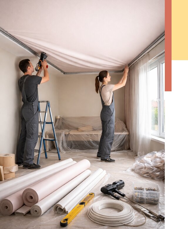 Монтаж цветного натяжного потолка в Чебаркуле от 4510 руб/м² — быстро и недорого | ОТДЕЛОЧНИК-Чбр