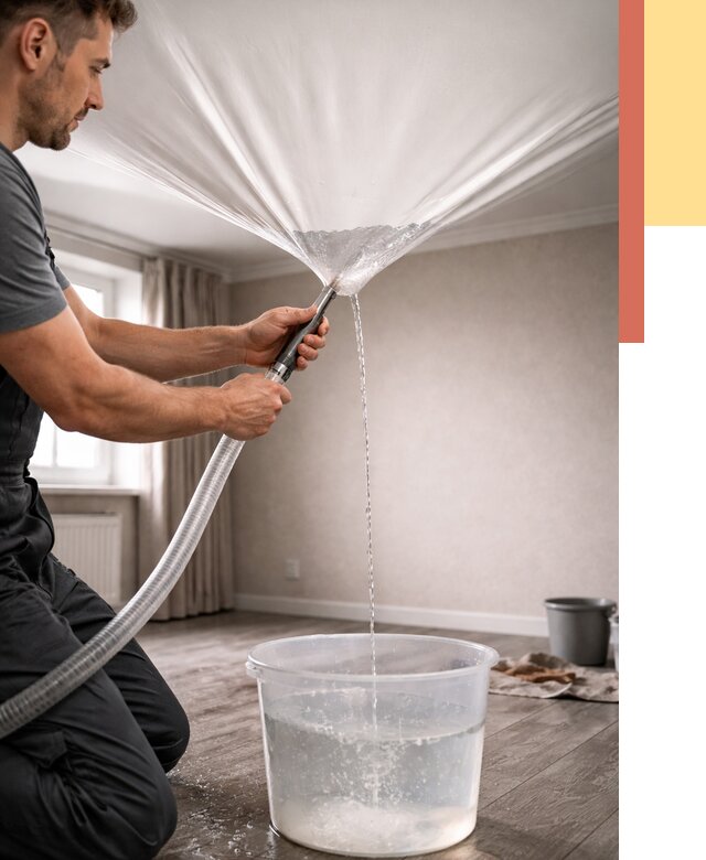 Слив воды с натяжного потолка в Чебаркуле от 2684 руб. быстро и недорого | ОТДЕЛОЧНИК-Чбр